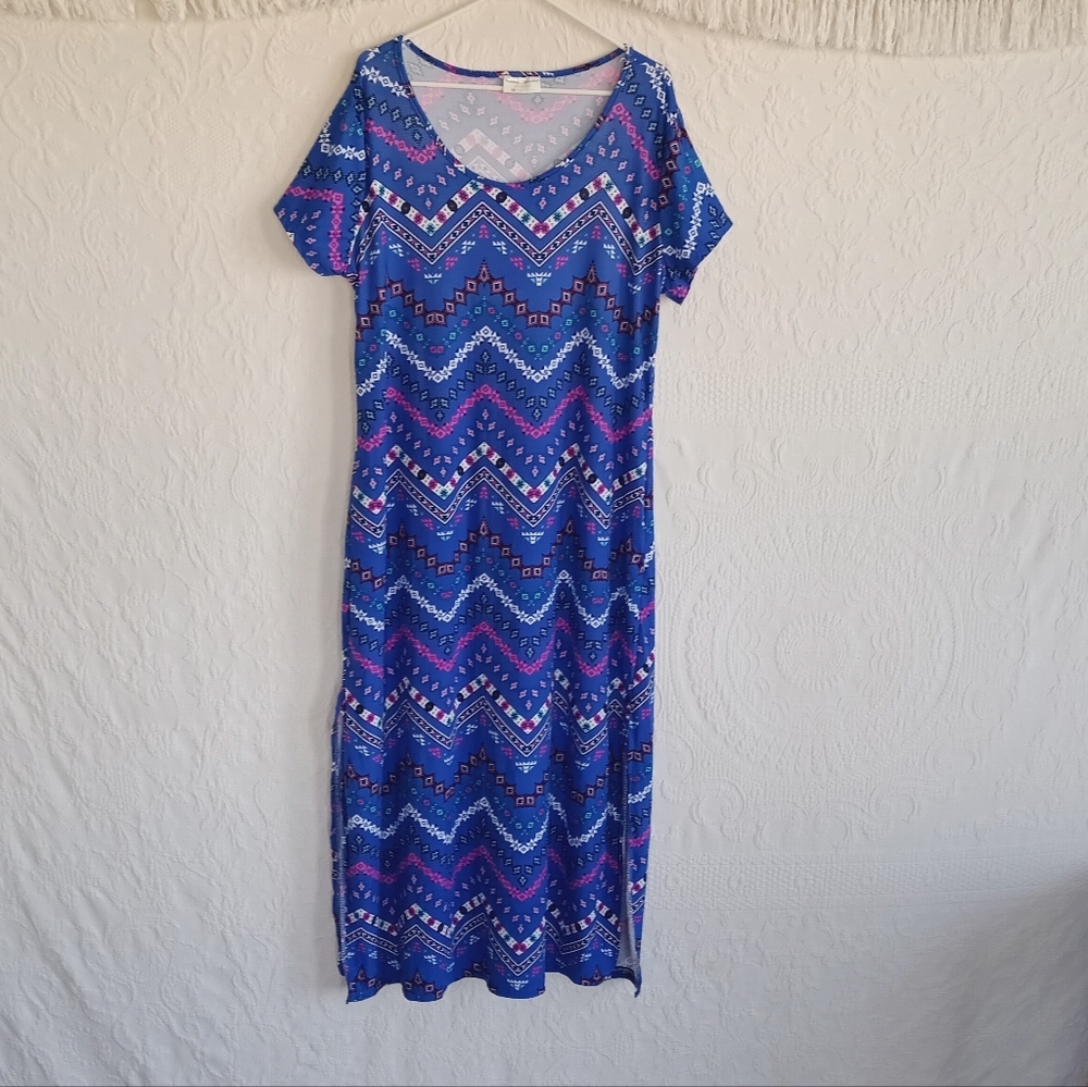 Bobbie Brooks Blue Maxi T Shirt Dress Tribal Western Bohemian Colorful Zig Zag - Picture 9 of 9